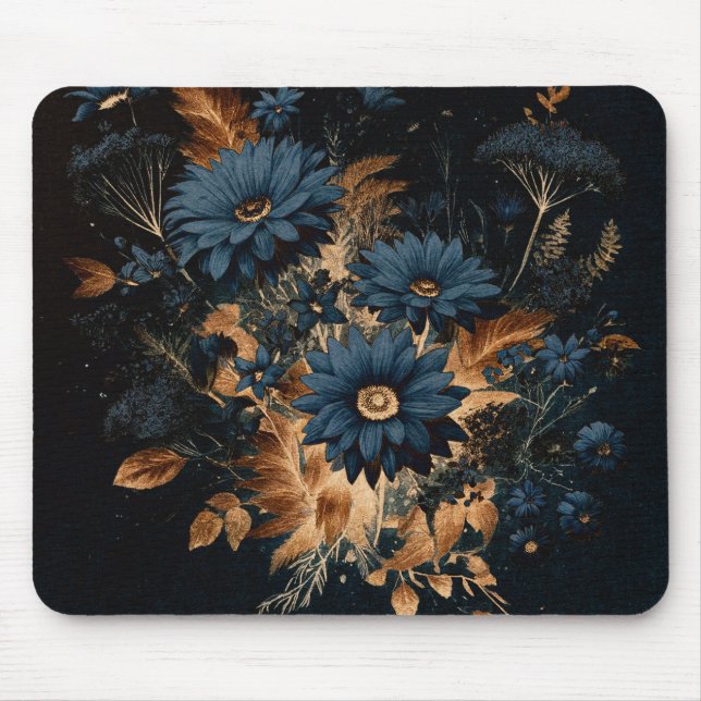 Mousepad Marinho Escuro Azul e Dourado Floral Glam Boho (Frente)