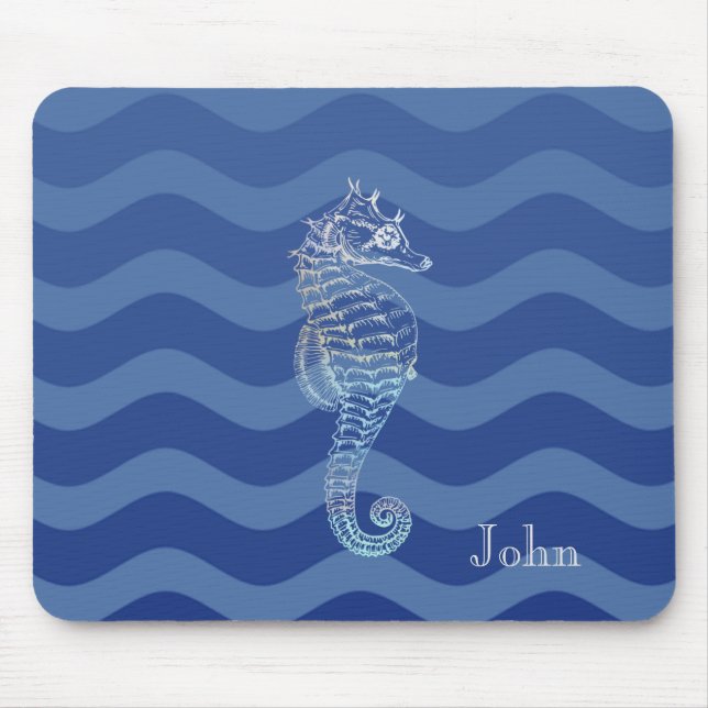 Mousepad Marinho Náutico Blue Stripe Onda Cavalo-marinho (Frente)