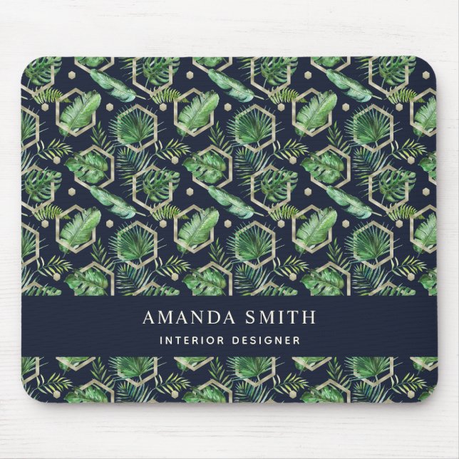 Mousepad Marinho Personalizado Azul Dourado Palma Folha Bot (Frente)