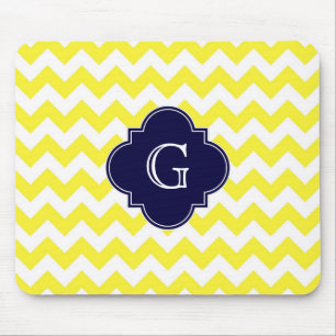 Mousepad Marinho Quatrefoil Azul Quevron Amarelo Monograma