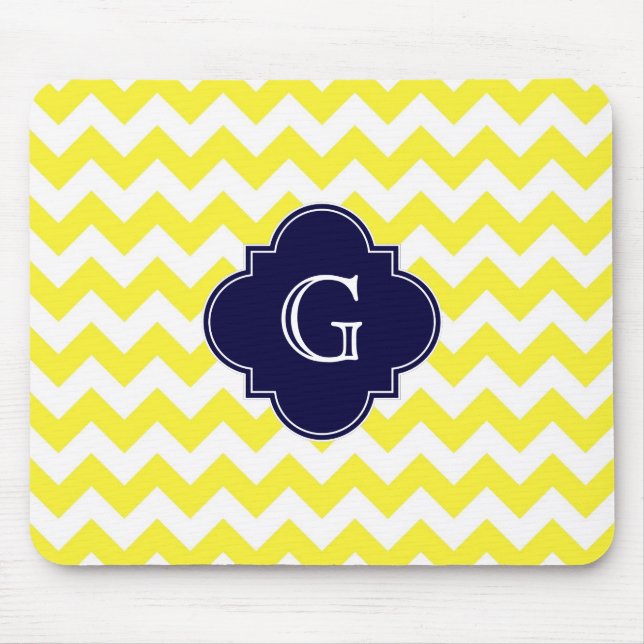 Mousepad Marinho Quatrefoil Azul Quevron Amarelo Monograma (Frente)