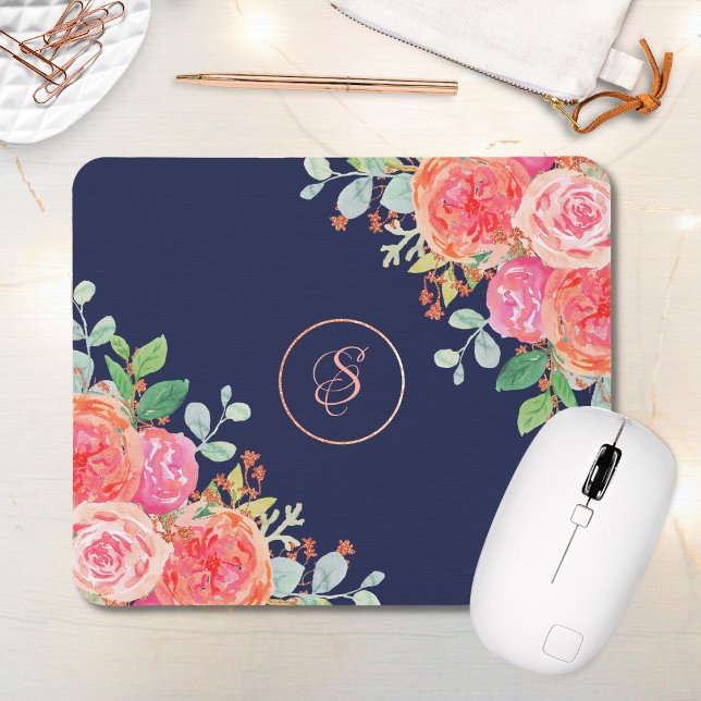 Mousepad Marinho Rosa Floral Coral, Dourado, Lítio (Criador carregado)
