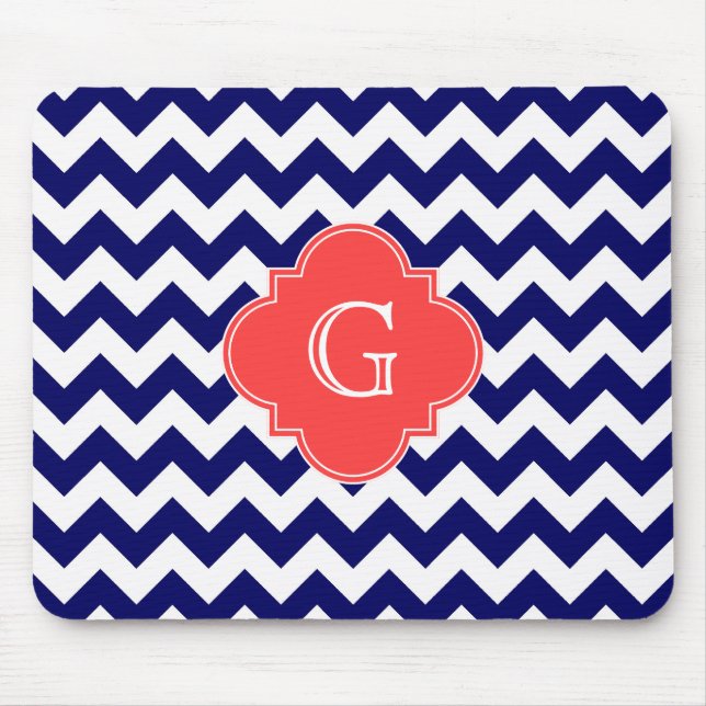 Mousepad Marinho Whevron Zigzag Coral Quatrefoil Monograma (Frente)