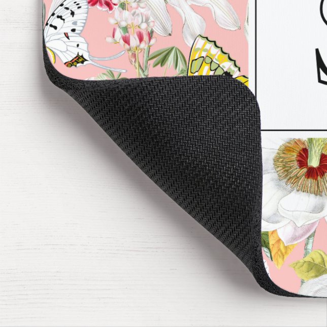 Mousepad Mariposa Rosa, Vintage, Mouse Monograma, Placa (Canto)