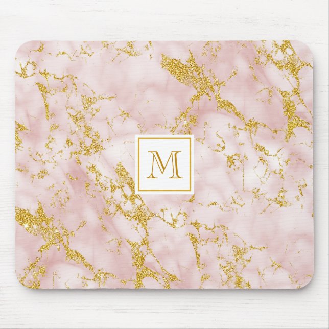 Mousepad Mármaco Rosa Elegante Monograma Faux Glitter Doura (Frente)