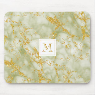 Mousepad Mármaco Verde Elegante Monograma Faux Glitter Dour