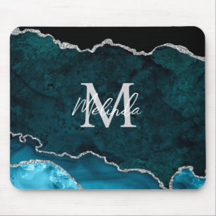 Mousepad Mármore Ágata Azul Teal e Prata