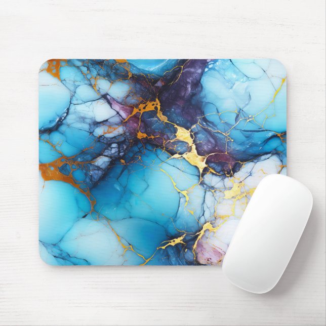 Mousepad Mármore Azul e Âmbar com Veias Douradas (Com mouse)