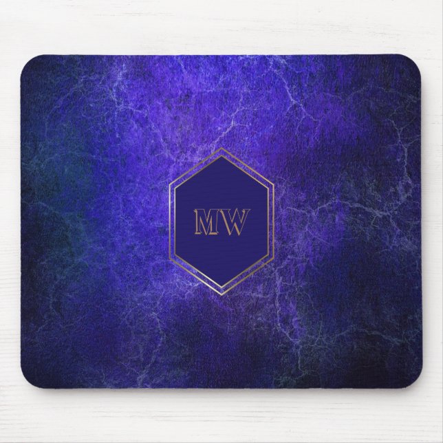 Mousepad Mármore Azul Roxo do Monograma Dourado (Frente)