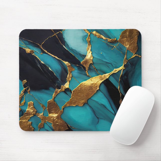 Mousepad Mármore Azul Teal Profundo com Veias de Ouro Ousad (Com mouse)