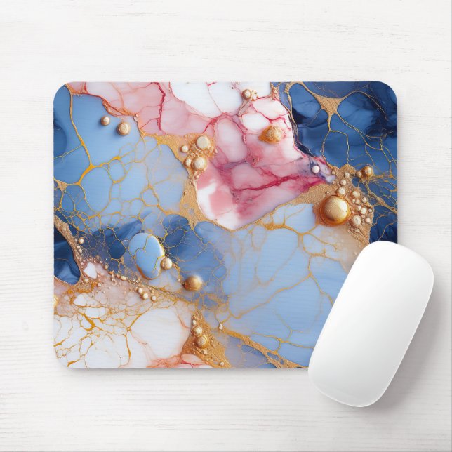 Mousepad Mármore Blush & Safira com Pérolas Douradas (Com mouse)