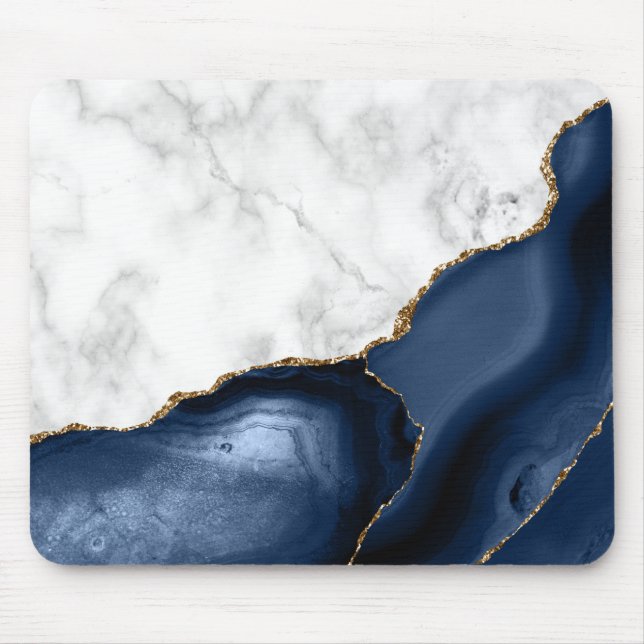 Mousepad Mármore Branco Ágata Azul Marinho Dourada (Frente)
