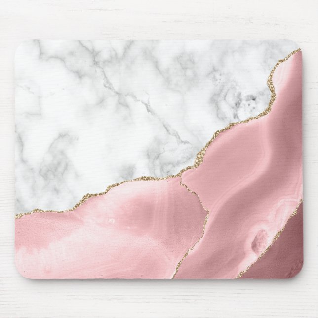 Mousepad Mármore Branco com Ágata Rosa Blush Dourada (Frente)