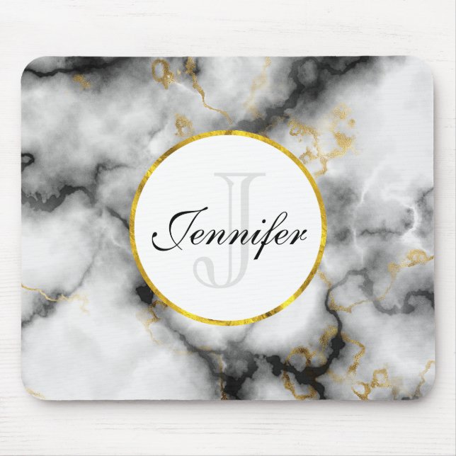 Mousepad Mármore Branco Moderno com Monograma Dourado de Fi (Frente)