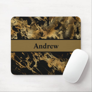 Mousepad Mármore de Ágata Preto Dourado Monograma Moderno T