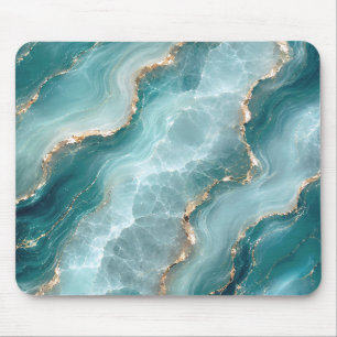 Mousepad Mármore de Ágata Teal Elegante com Veias Douradas