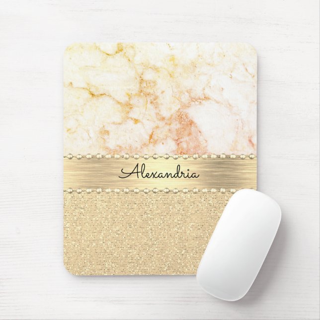 Mousepad Mármore Dourado com Rosa de brilho personalizado (Com mouse)