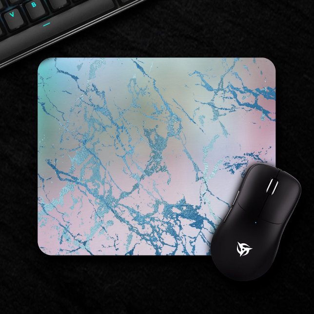 Mousepad Mármore Iridescente | Trendy Faux Holo Blue Pink (Criador carregado)