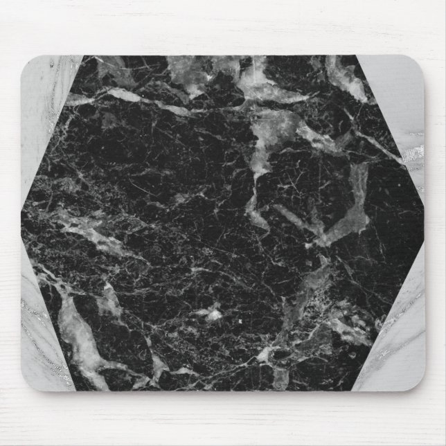 Mousepad Mármore Preto Branco e Prata Glam Moderno (Frente)