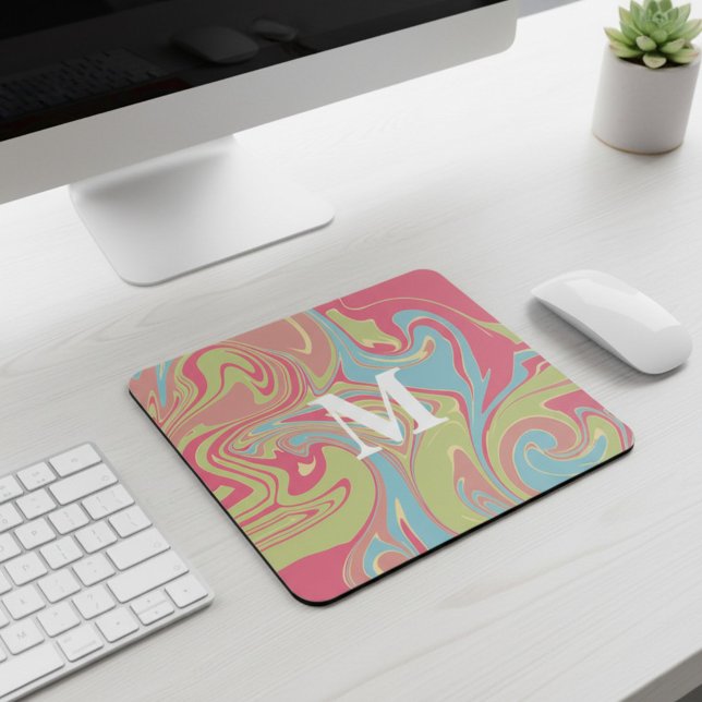Mousepad Mármore Rosa e Verde com Monograma (Criador carregado)