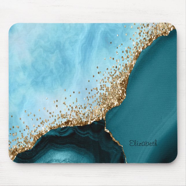 Mousepad Mármore Turquesa Brilho Dourado Elegante (Frente)