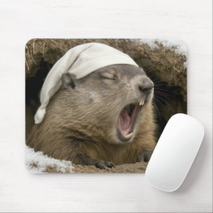 Mousepad Marmota bocejando usando um gorro de dormir