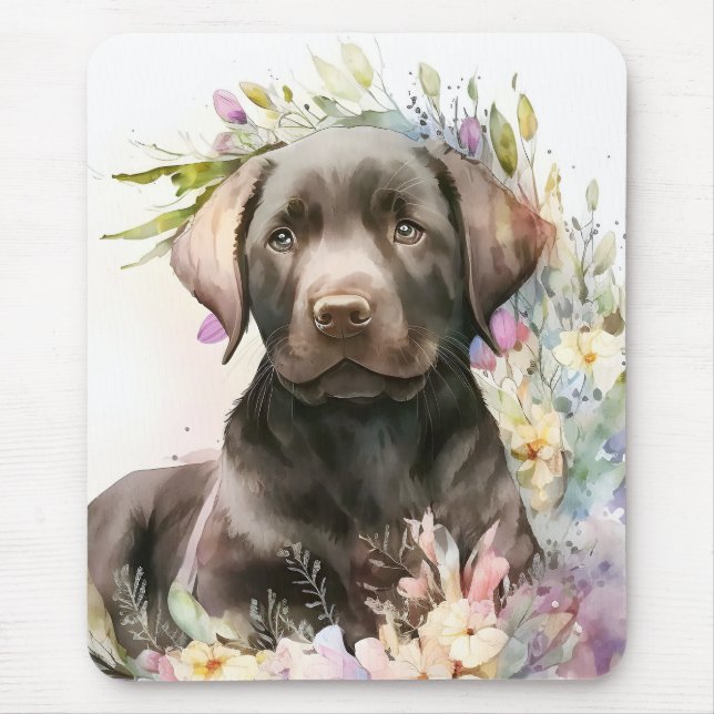 Mousepad Marrom-aquarela Labrador Retriever e Flores (Frente)