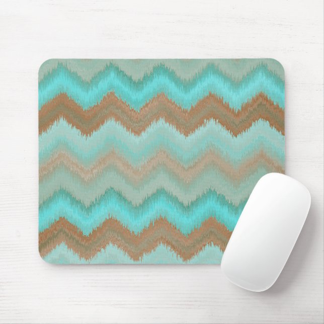 Mousepad Marrom Taupe Aqua Turquesa Padrão Ikat Zig Zag (Com mouse)