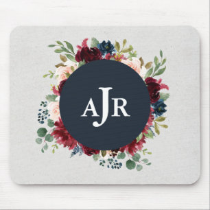 Mousepad Marsala & chique floral do marinho Monogrammed