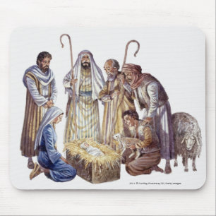 Mousepad Mary, Joseph, e pastores que cercam o bebê Jesus