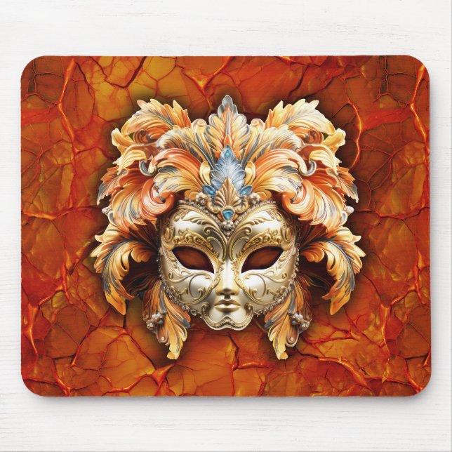 Mousepad Máscara de ornamentado com Penas Laranja no Fundo  (Frente)