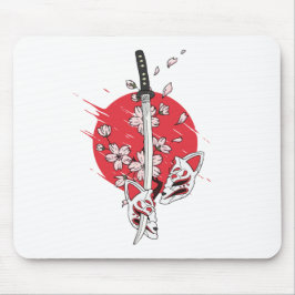 Mousepad Máscara de raposa com flor de cerejeira Katana