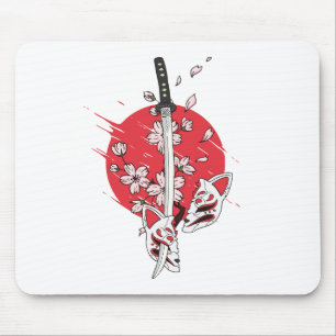 Mousepad Máscara de raposa com flor de cerejeira Katana