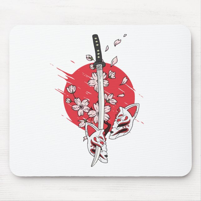 Mousepad Máscara de raposa com flor de cerejeira Katana (Frente)