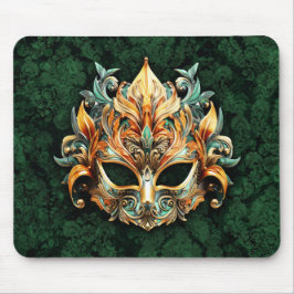 Mousepad Máscara Dourada Ornamentada em Fundo Verde Florest