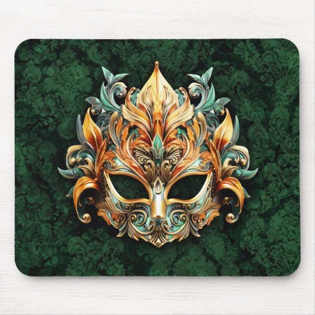Mousepad Máscara Dourada Ornamentada em Fundo Verde Florest (Frente)