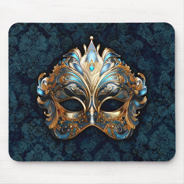Mousepad Máscara Intricada Azul-turquesa e Dourada (Frente)