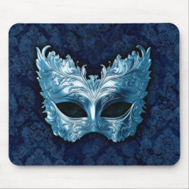 Mousepad Máscara Veneziana Azul sobre Fundo de Damasco Azul