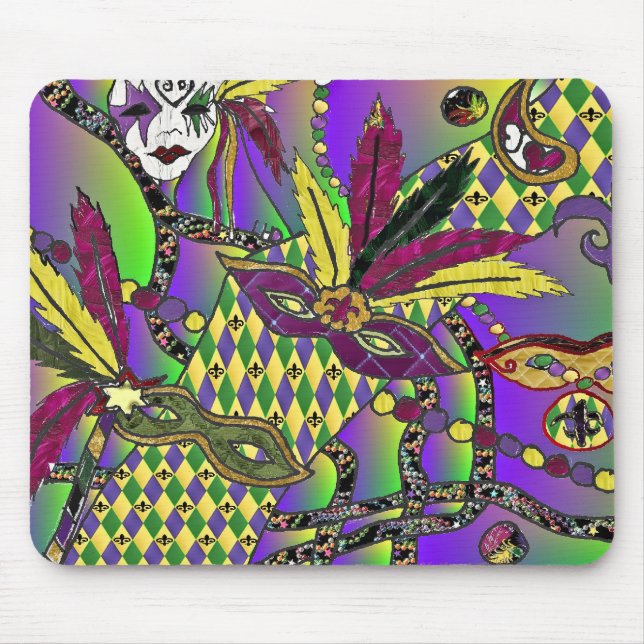 Mousepad Máscaras de Penas do Mardi Gras Psicodélico Presen (Frente)