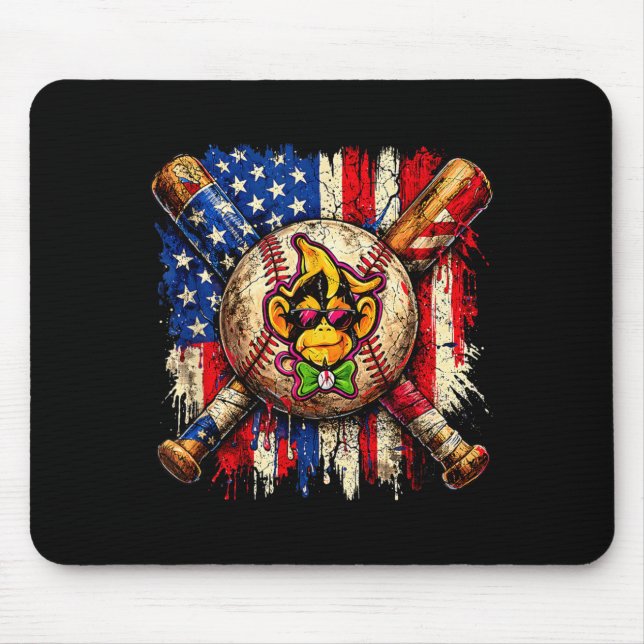 Mousepad Mascote de beisebol de macaco engraçado com bandei (Frente)