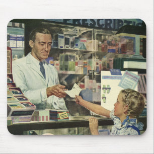 Mousepad Medicina Antiga, Farmacêutico e Menina na Farmácia