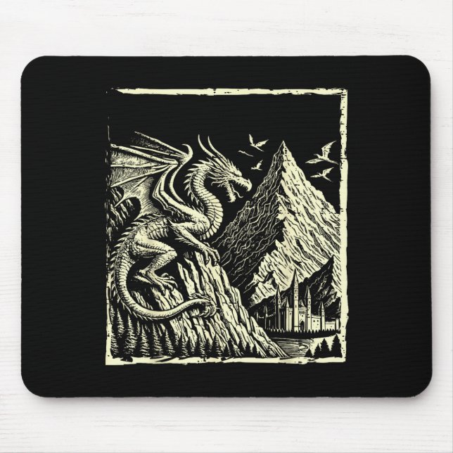 Mousepad Medieval Dragon Mountain Castle Mythical Men Women (Frente)