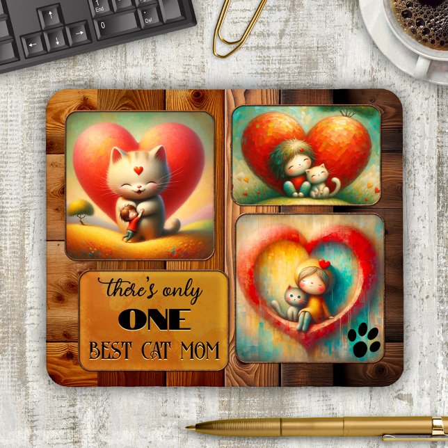 Mousepad Melhor Arte ou Foto da Mãe de Cat (Cat mom mouse pad featuring 3 colorful cat art works or your photos on an elegant wood design)
