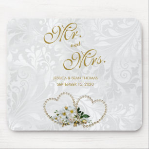 Mousepad Memória do Dia de Casamento Pérolas Corações e Flo