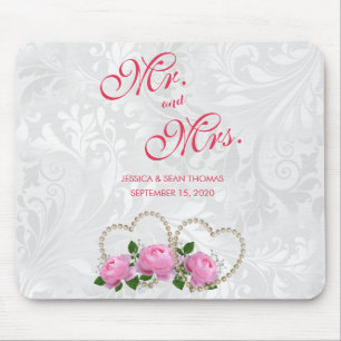 Mousepad Memória do Dia do Casamento Pérolas Corações & Ros