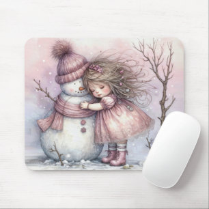 Mousepad Menina Abraçando um Boneco de Neve