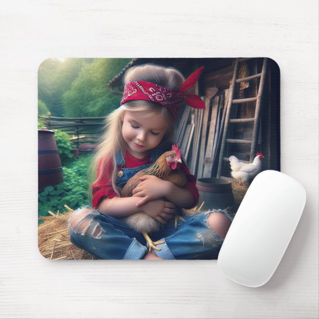 Mousepad Menina abraçando um frango (Com mouse)