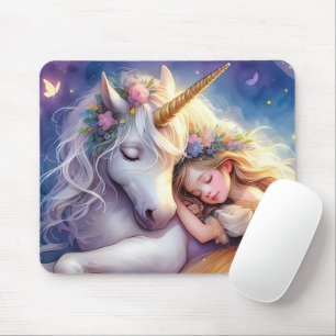 Mousepad Menina Adormecida Paisagem de Sonhos de Unicórnio