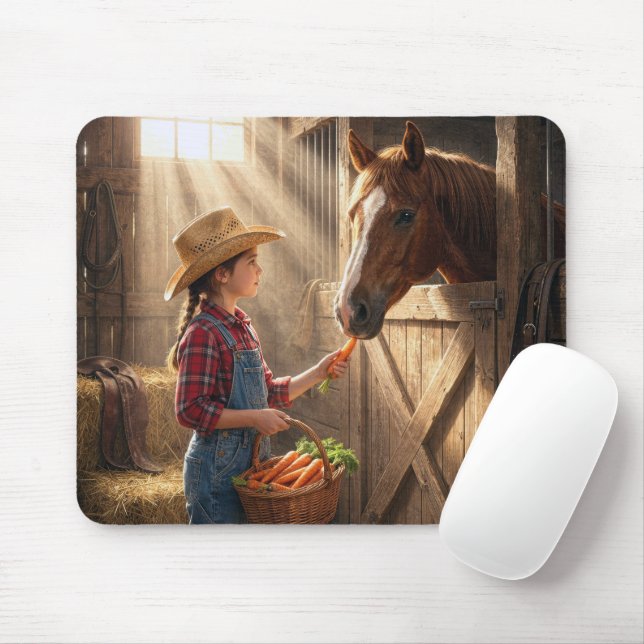 Mousepad Menina Alimentando um Cavalo com Cenouras (Com mouse)