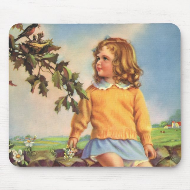 Mousepad Menina Antiga Observando Pássaros em uma Árvore, P (Frente)